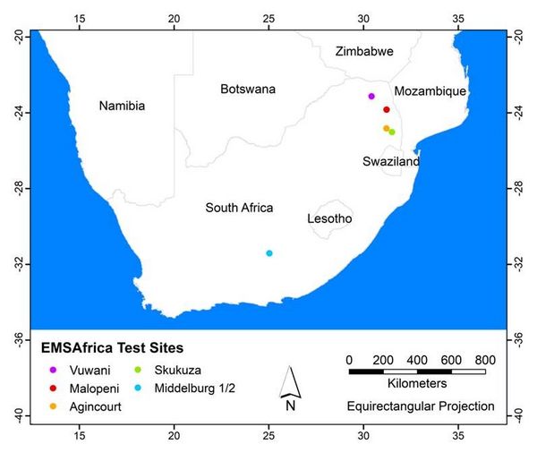 Map showing the EMSAfrica observation sites in South Africa
